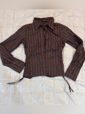VILA Purple-Gold Striped Shirt with Scrunch Accents and Corset Closure